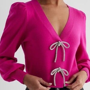NWT Express Bright Hot Pink V-Neck Sweater/Cardigan with Bow Details